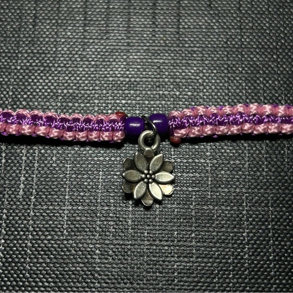 Hand Crafted Pink and Purple Square Knot Bracelet with Silver Flower Charm - Picture 2 of 7